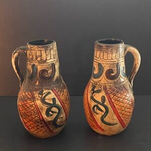 2 Vtg Chalkware Mohawk Indian Pitchers/vases. Hand Painted & Carved Design. T82